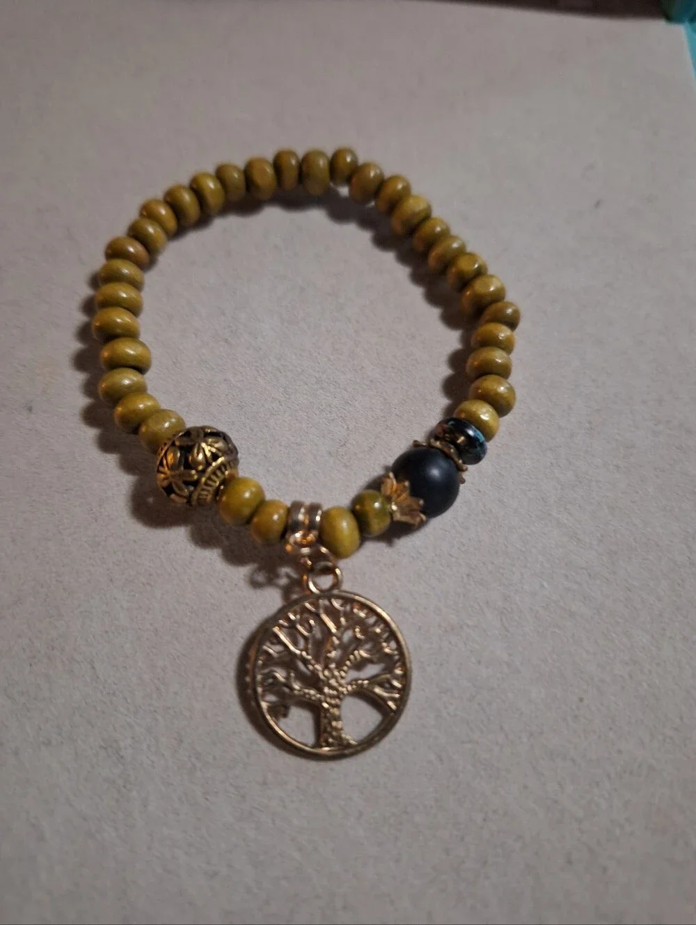 Gold Tone Tree of Life Beaded Stretch Bracelet - Yellow Beads